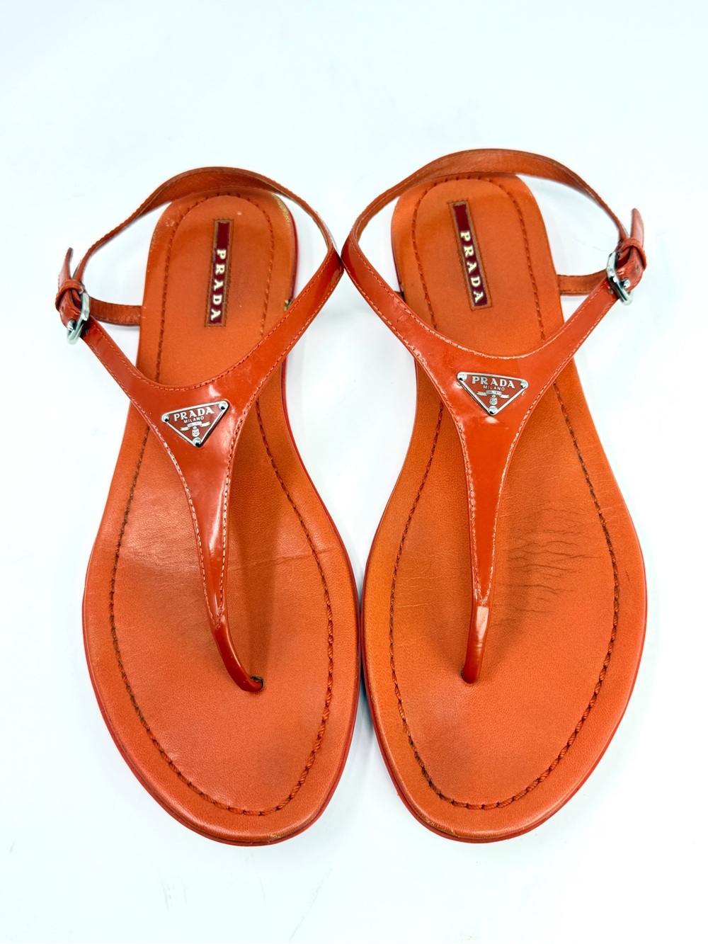PRADA Triangle Logo Patent Leather Thong Sandals Arancio Orange-Red Size 41 US10